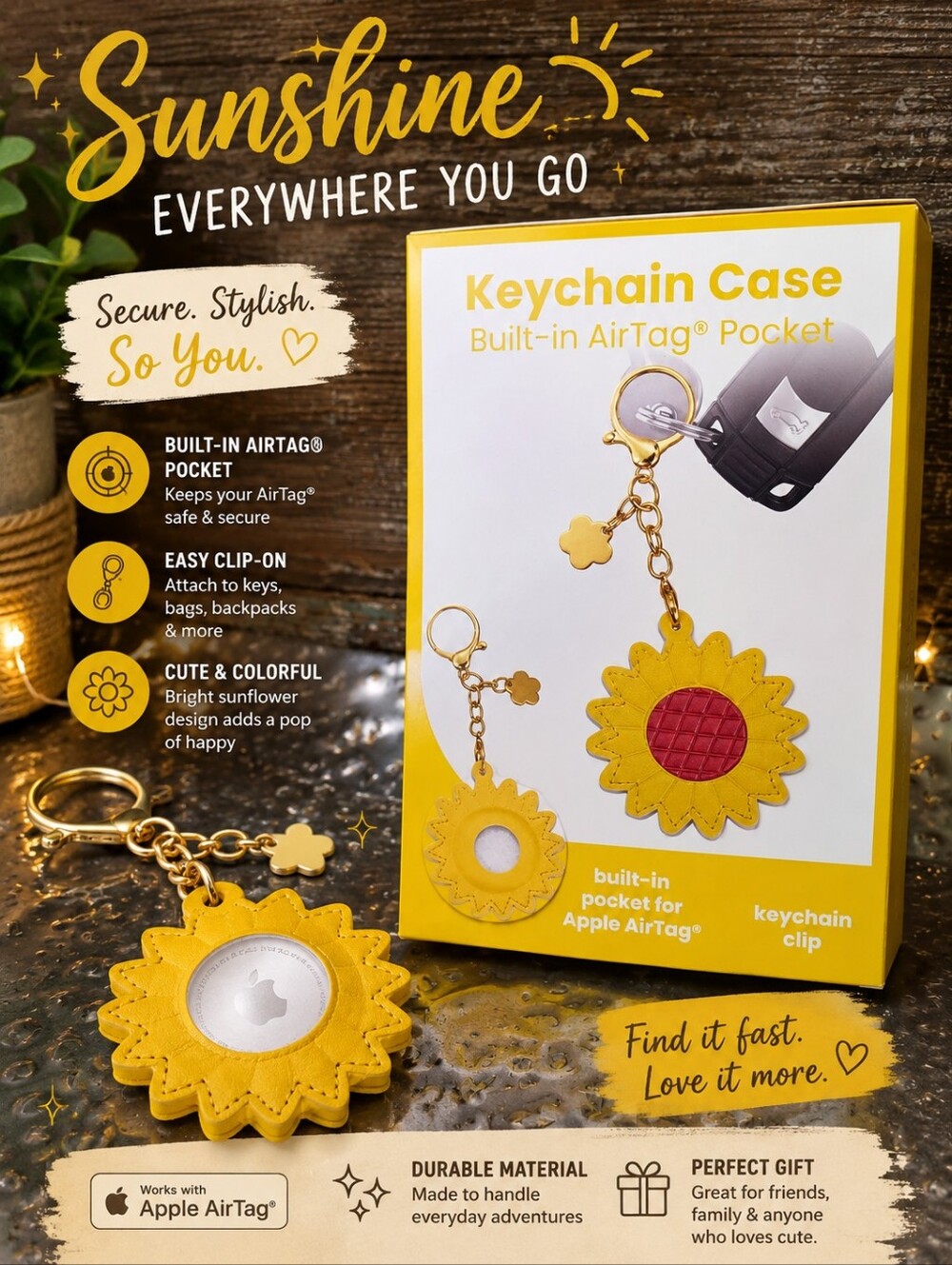 Sunflower AirTag Keychain Case Yellow Floral Tracker Holder New